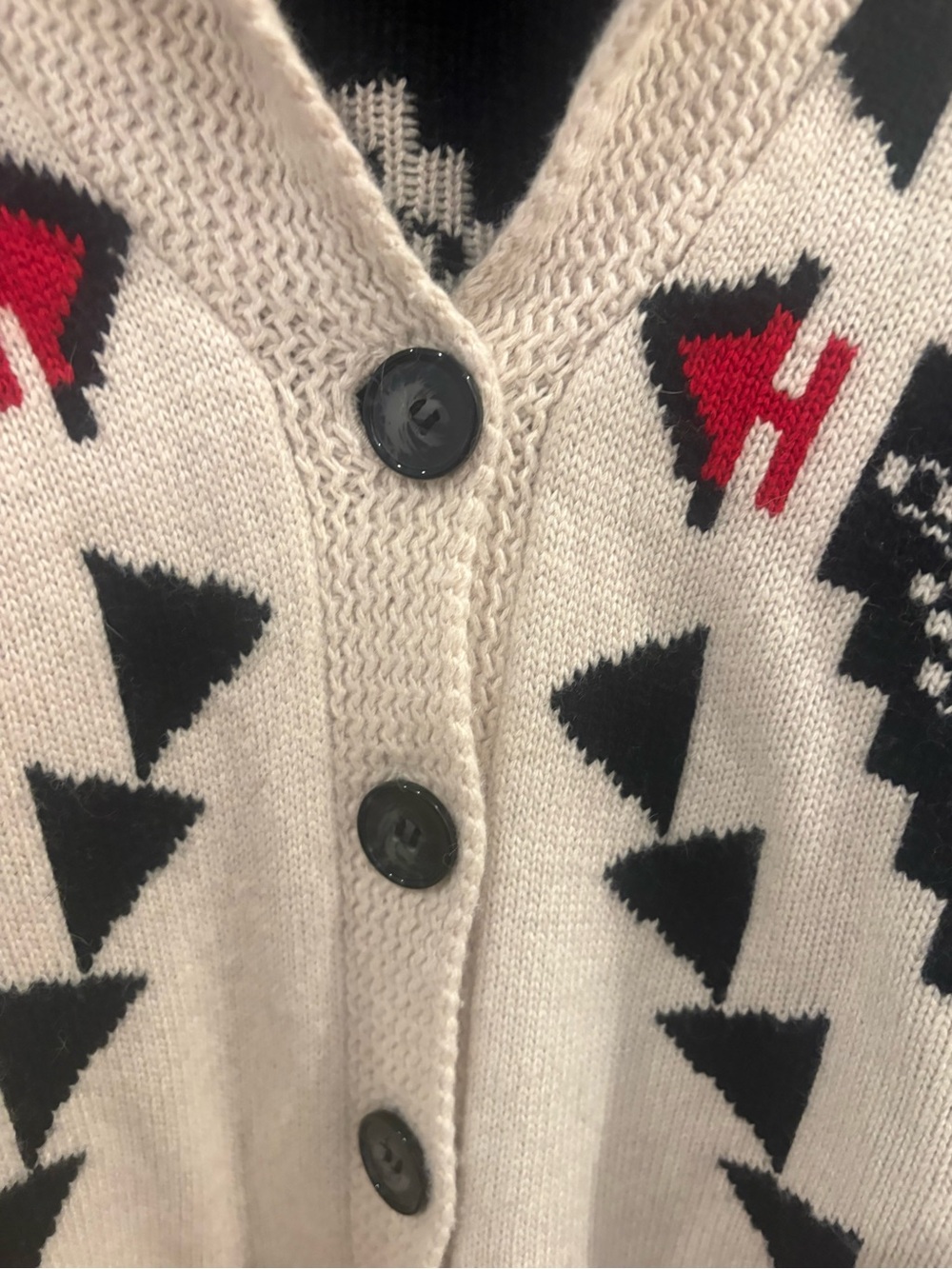 Sandro Shawl Collar Aztec Knit Cardigan Sweater - Beige/Black/Red - Picture 3 of 6